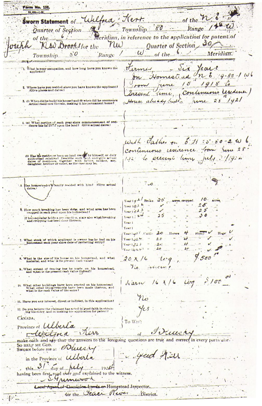 Provincial Archives of Alberta File 3168678 - Joseph Brooks  -Wilford Kerr Supporting Statement 